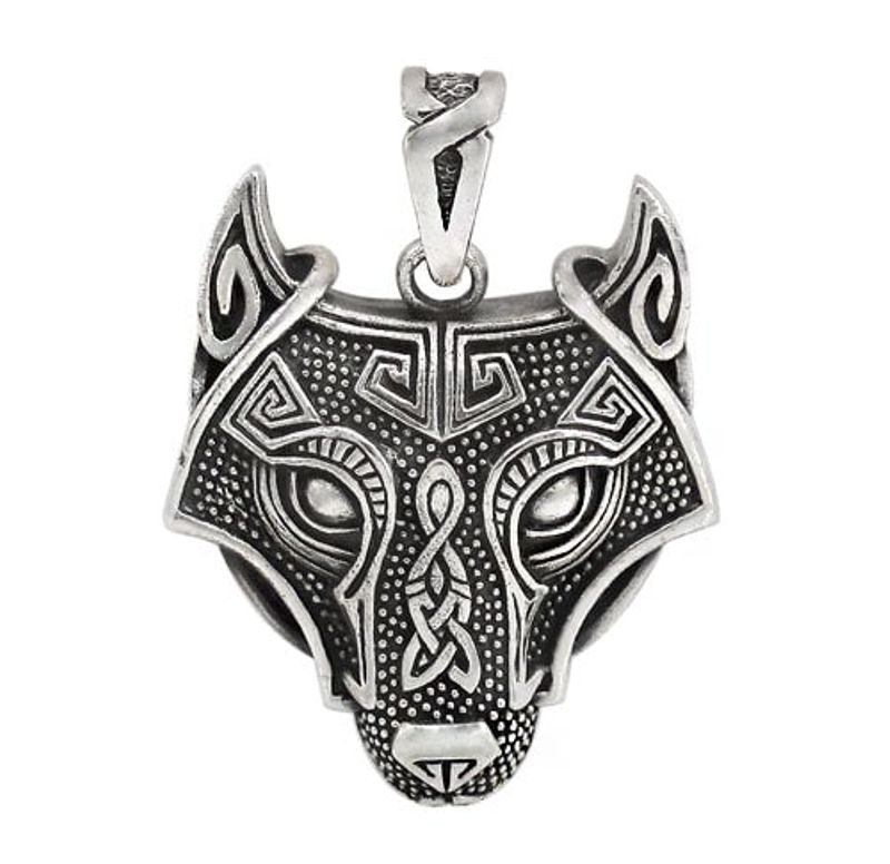 Sterling Silver Celtic Norse Wolf Head Pendant - Click Image to Close
